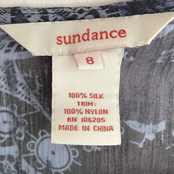 Sundance Blue Silk Printed Long Sleeve Semi-Sheer Popover Blouse Black Lace 8 - Picture 8 of 8